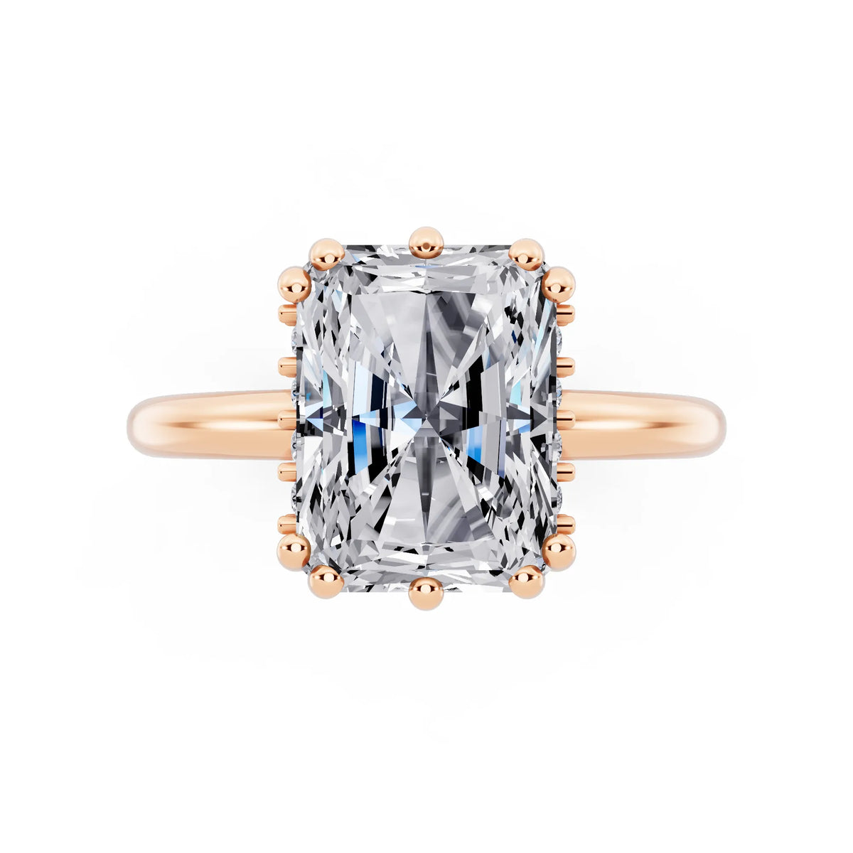 18 KT Rose Gold Radiant Cut Diamond Solitaire Ring with Hidden Accent Basket - top angle