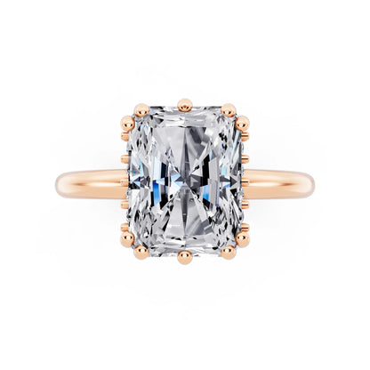 18 KT Rose Gold Radiant Cut Diamond Solitaire Ring with Hidden Accent Basket - top angle