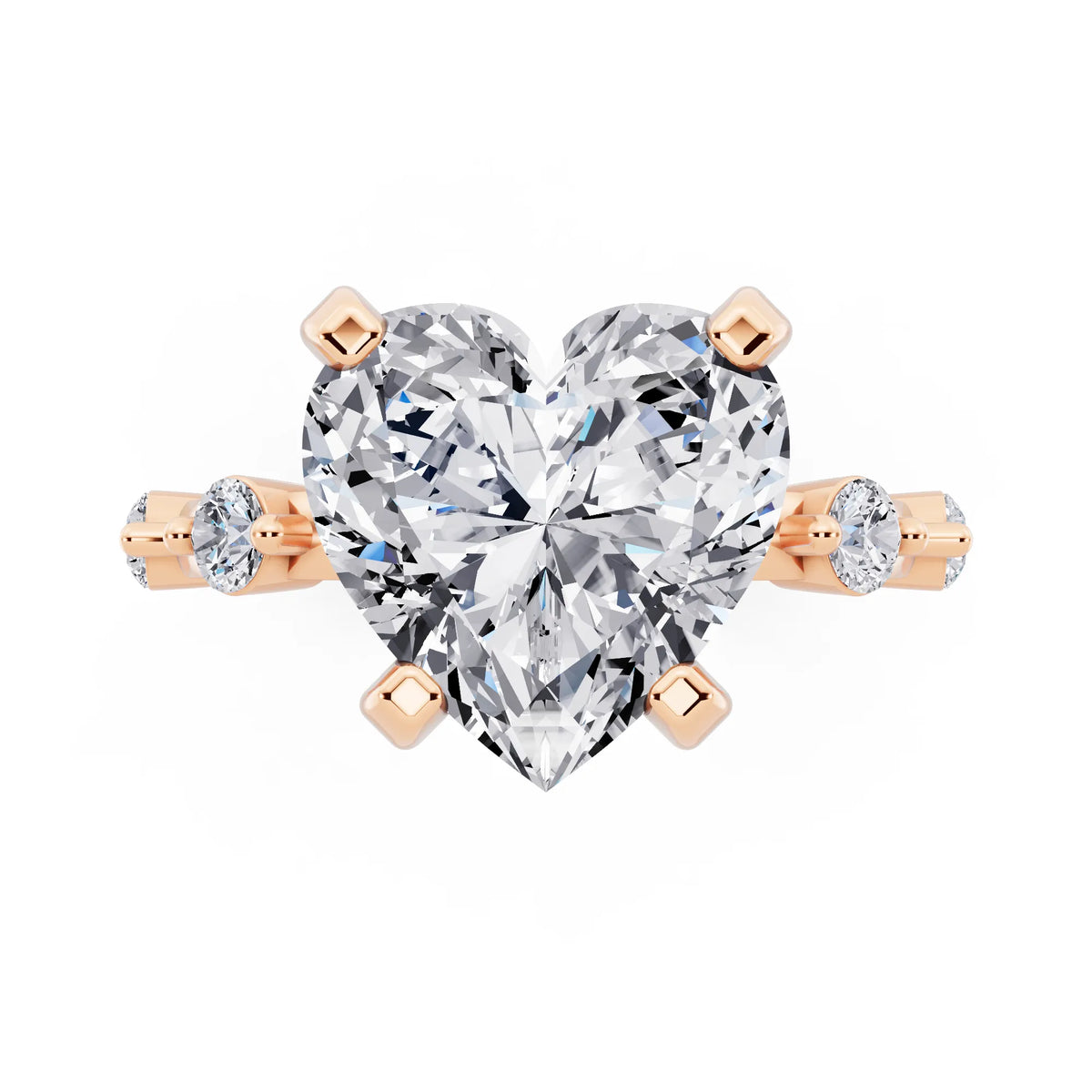14 KT Rose Gold Heart Cut Diamond Solitaire Ring with Floating Diamond Accents - top angle