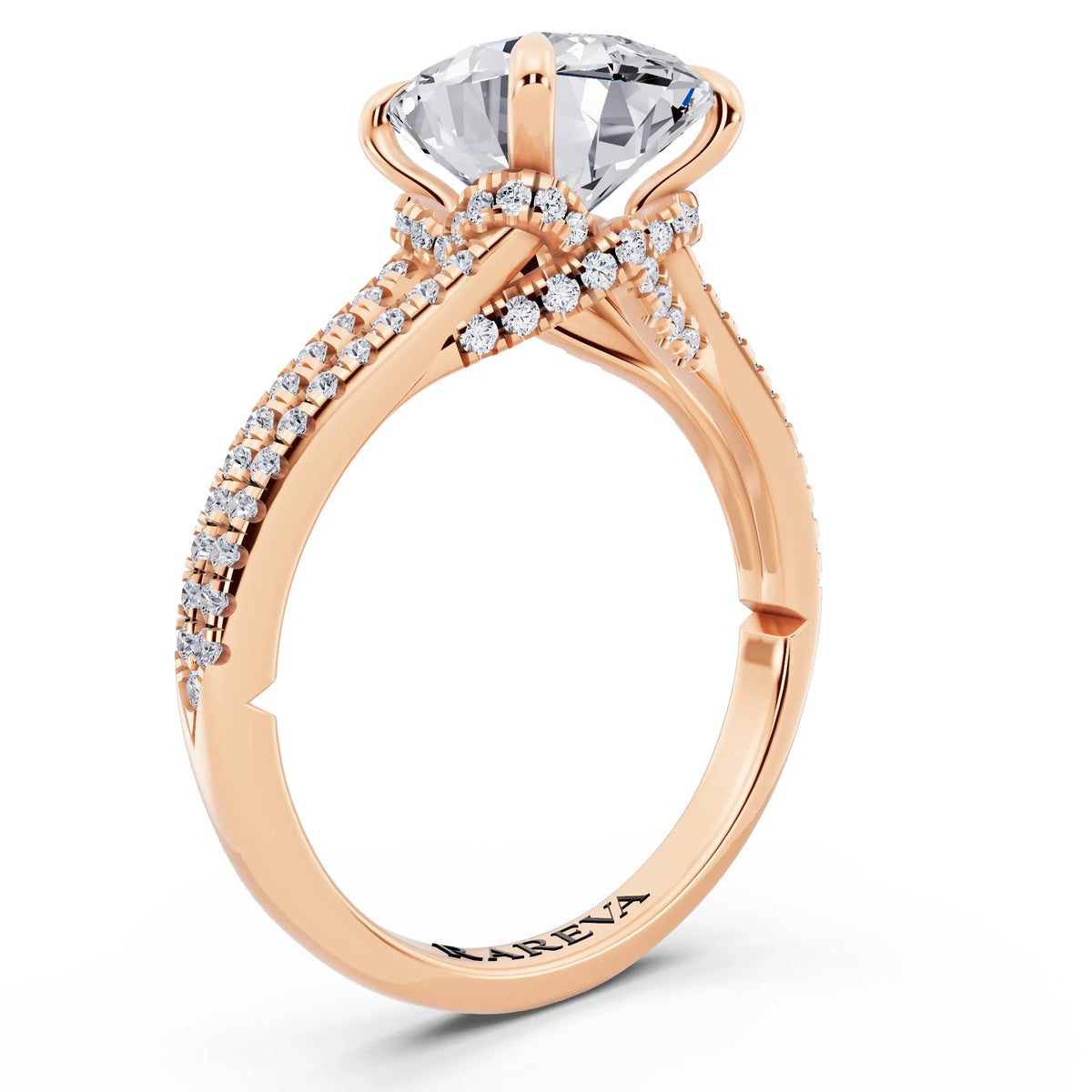 18 KT Rose Gold Oval Cut Diamond Ring with Pavé Split Shank - top view