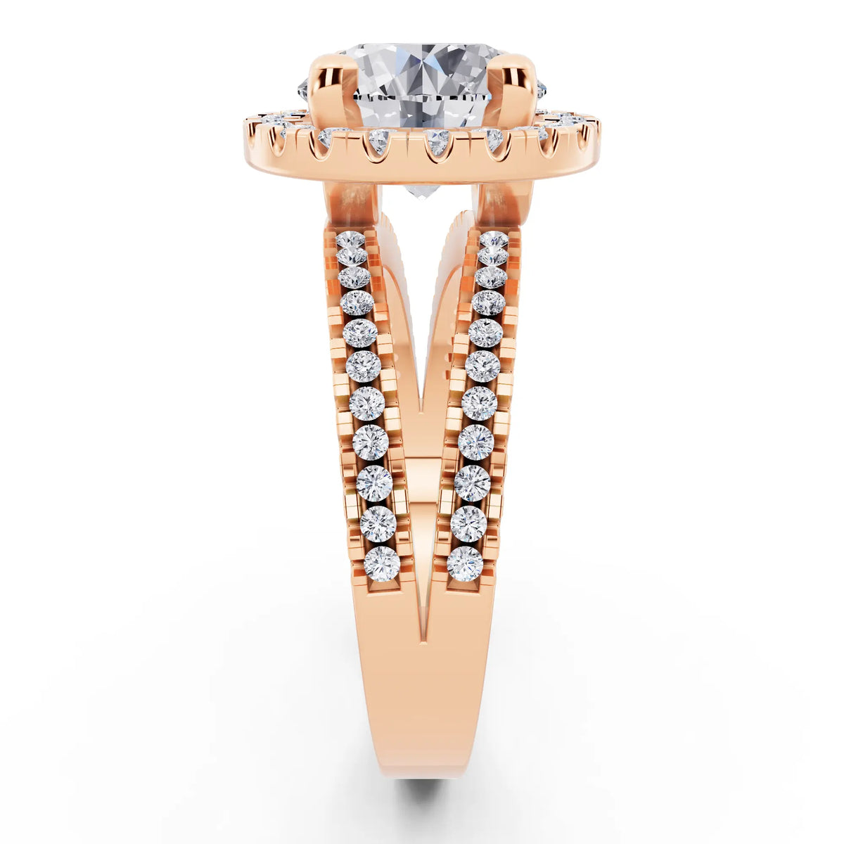 14 KT Rose Gold Round Cut Diamond Halo Ring with Pave Split Shank - side view