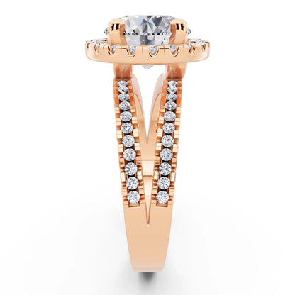 14 KT Rose Gold Round Cut Diamond Halo Ring with Pave Split Shank - side view