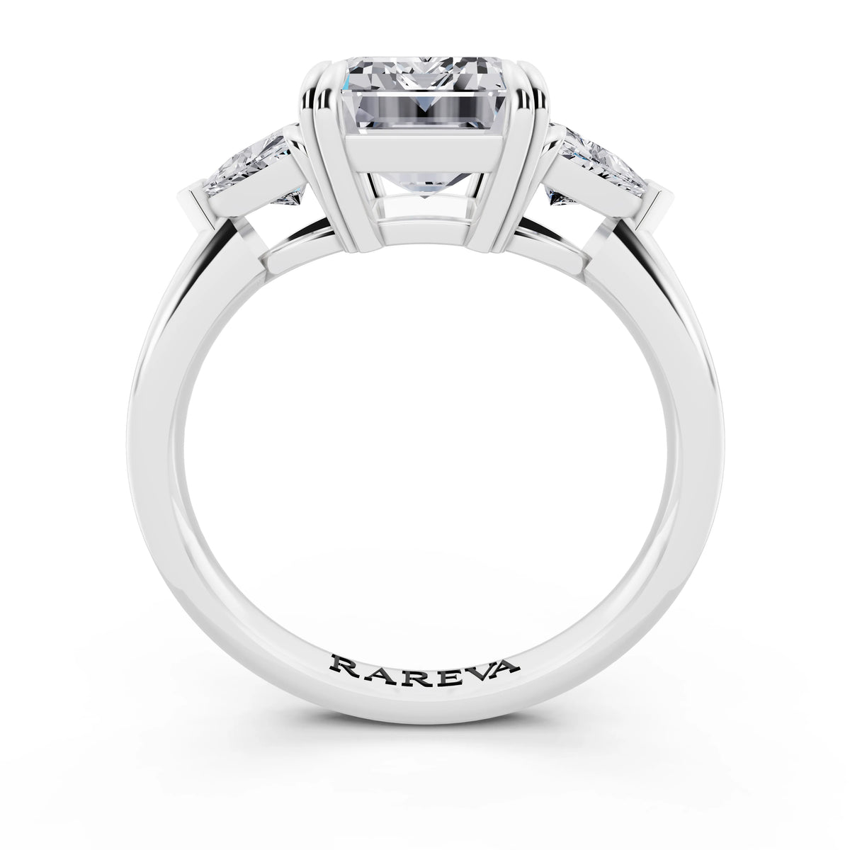 14 KT White Gold Emerald Cut Diamond Three Stone Ring with Trillion Accents - through finger