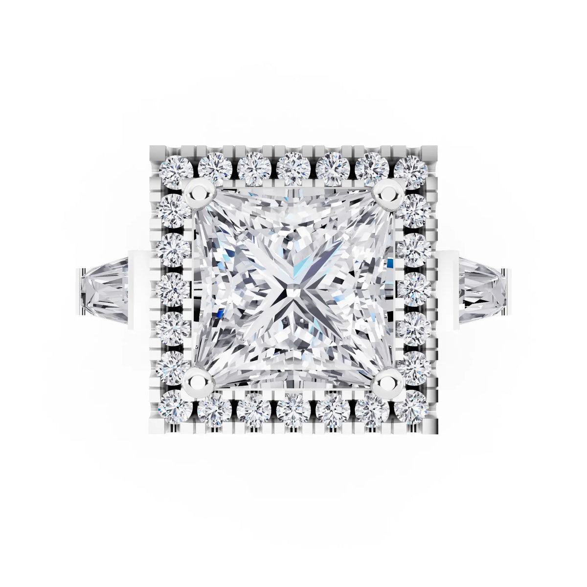 Platinum Princess Cut Diamond Halo Ring with Baguette Accents - top angle