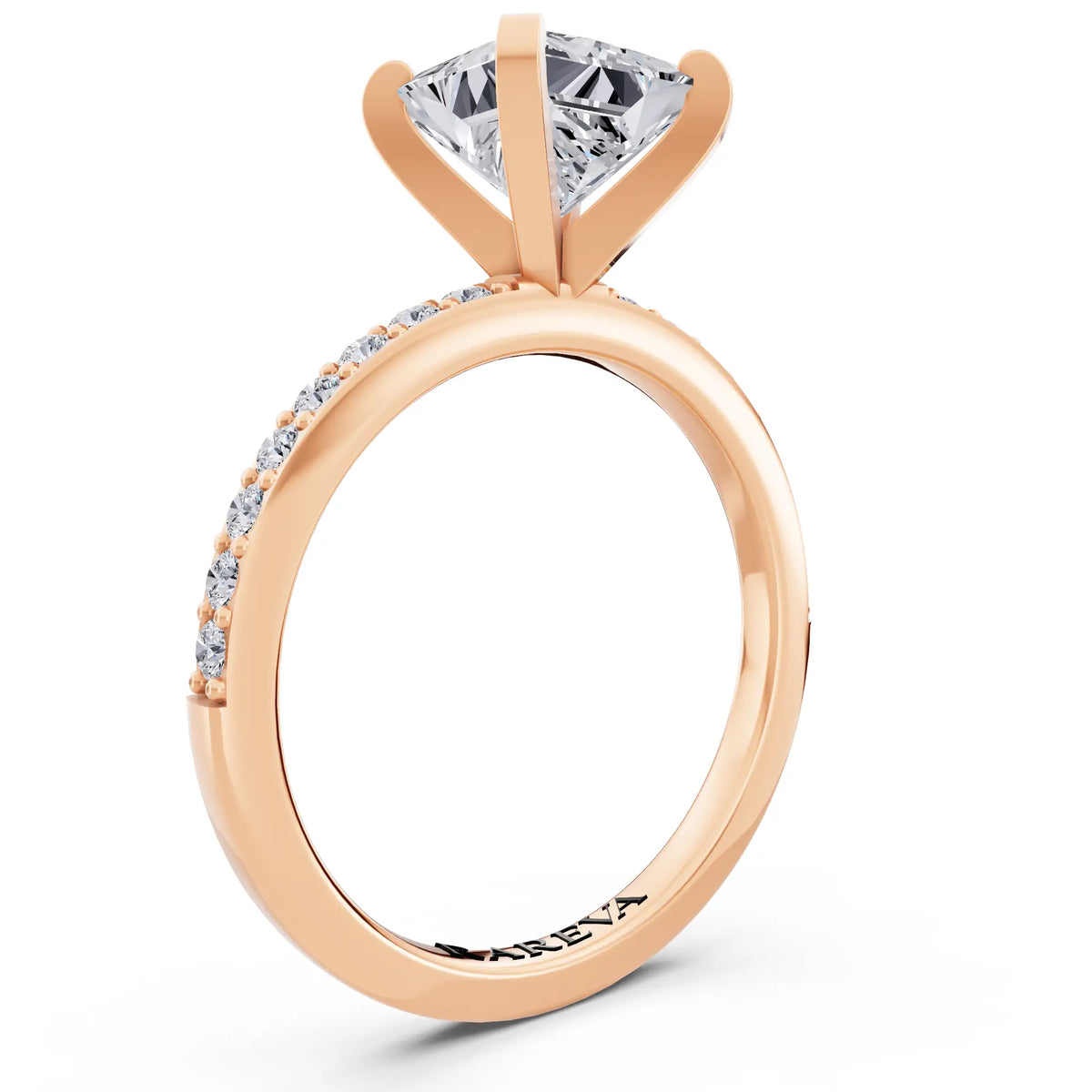 18 KT Rose Gold Princess Cut Diamond Solitaire Ring with Pave Shank - top view