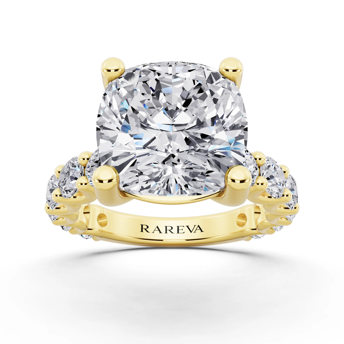 18 KT Yellow Gold Cushion Cut Diamond Ring with Shared Prong Eternity Band - front view