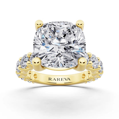 18 KT Yellow Gold Cushion Cut Diamond Ring with Shared Prong Eternity Band - front view