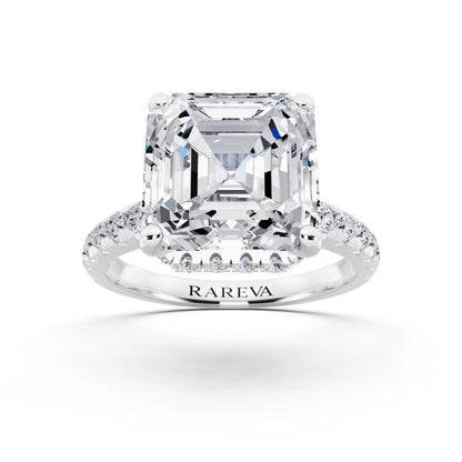 Platinum Asscher Cut Diamond Ring with Hidden Halo - front view