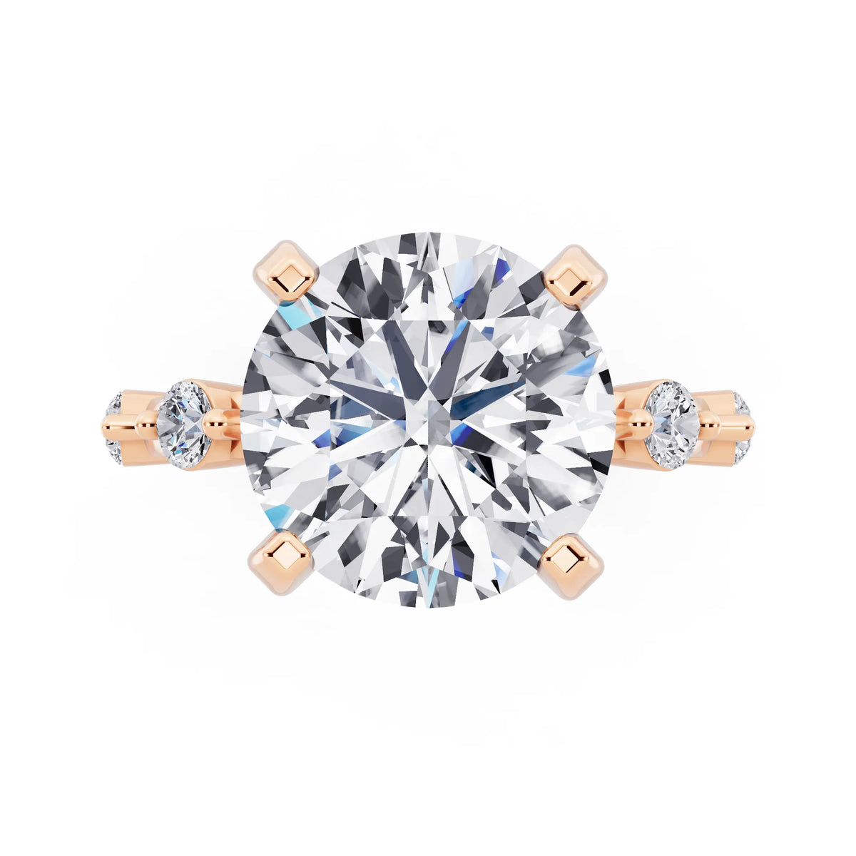 18 KT Rose Gold Round Cut Diamond Solitaire Ring with Floating Diamond Accents - top angle