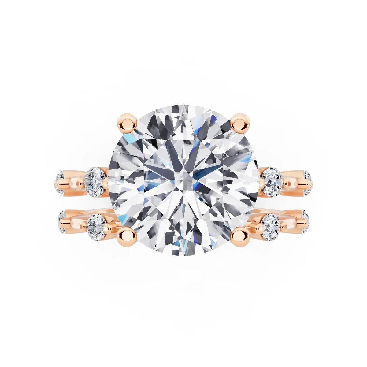 18 KT Rose Gold Round Cut Diamond Ring with Floating Accent Band - top angle