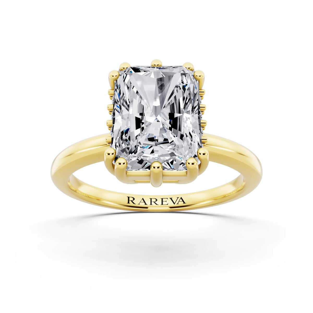 14 KT Yellow Gold Radiant Cut Diamond Solitaire Ring with Hidden Accent Basket - front view