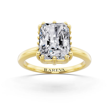 14 KT Yellow Gold Radiant Cut Diamond Solitaire Ring with Hidden Accent Basket - front view