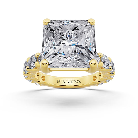 18 KT Yellow Gold Princess Cut Diamond Ring with Shared Prong Eternity Band - front view