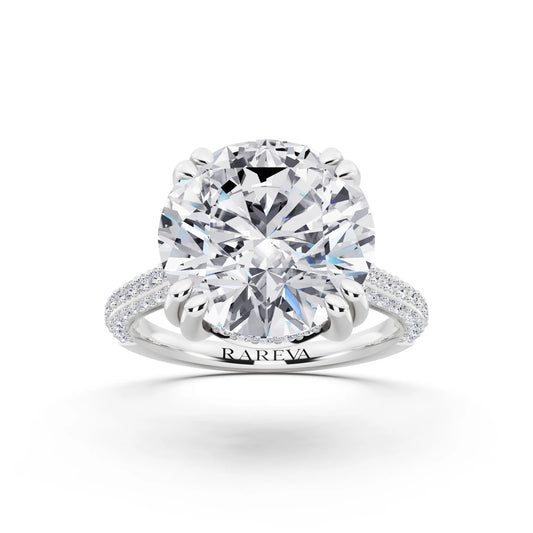 18 KT White Gold Round Cut Diamond Hidden Halo Double Claw Pave Band Ring - front view