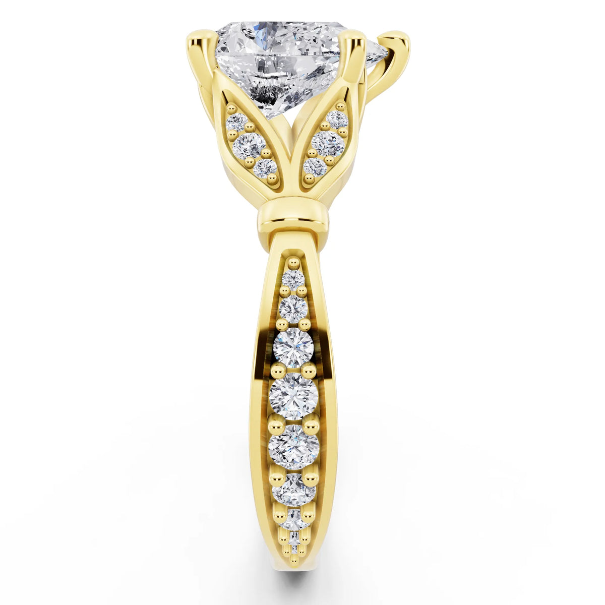 18 KT Yellow Gold Pear Cut Diamond Ring with Lotus Collar - side view