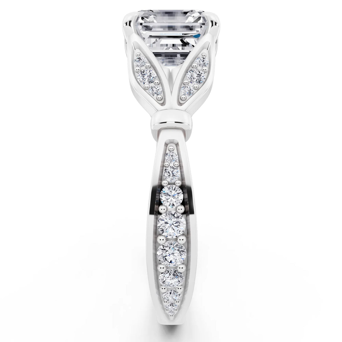 18 KT White Gold Asscher Cut Diamond Ring with Lotus Collar - side view