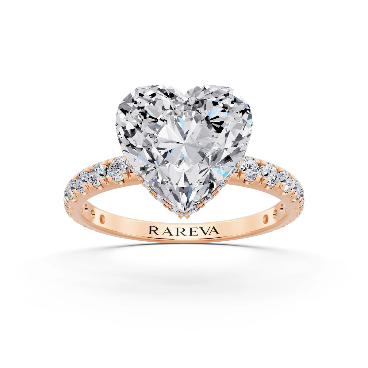 14 KT Rose Gold Heart Cut Diamond Solitaire Ring with Hidden Halo and French Pave Band - front view