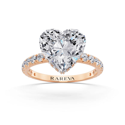 14 KT Rose Gold Heart Cut Diamond Solitaire Ring with Hidden Halo and French Pave Band - front view