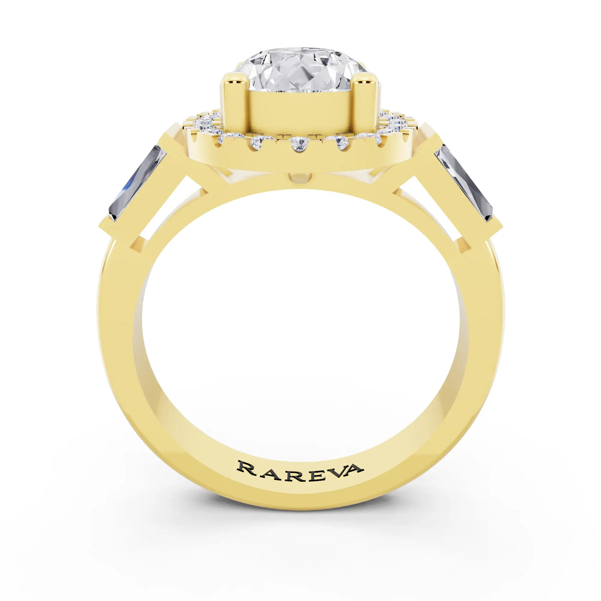 14 KT Yellow Gold Pear Cut Diamond Halo Ring with Baguette Accents - through finger
