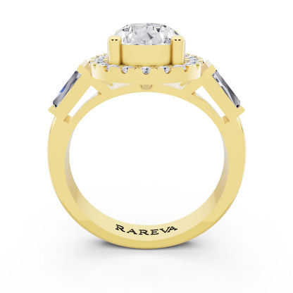 14 KT Yellow Gold Pear Cut Diamond Halo Ring with Baguette Accents - through finger