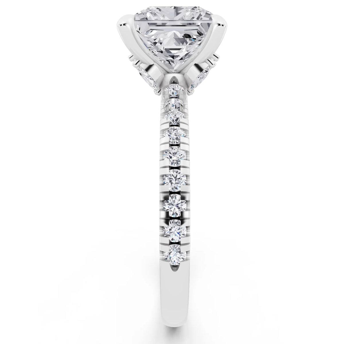 14 KT White Gold Princess Cut Diamond Solitaire Ring with Marquise Collar - side view