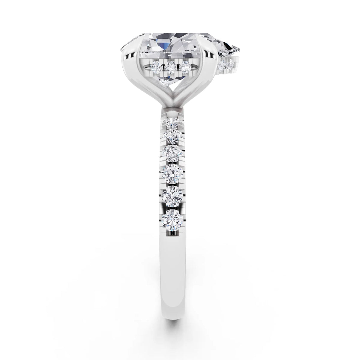 Platinum Pear Cut Diamond Solitaire Ring with Round Pavé Band and Prong Setting - side view