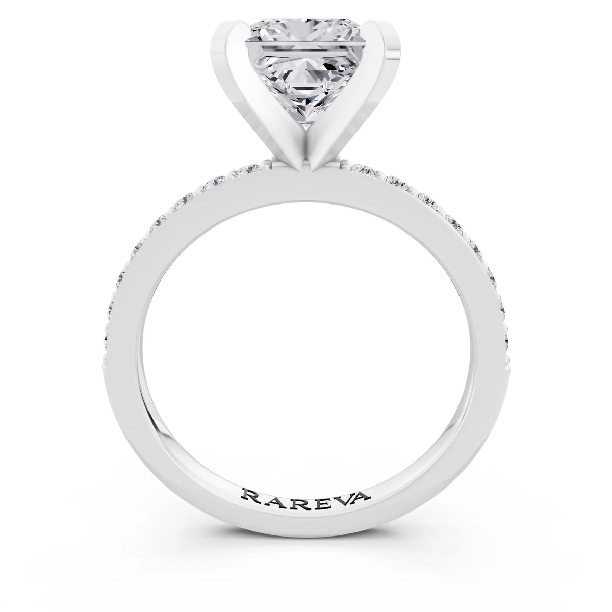 14 KT White Gold Princess Cut Diamond Solitaire Ring with Pave Shank - through finger
