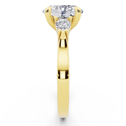 18 KT Yellow Gold Oval Cut Diamond Three Stone Pear Accent Vintage Pave Ring - side view