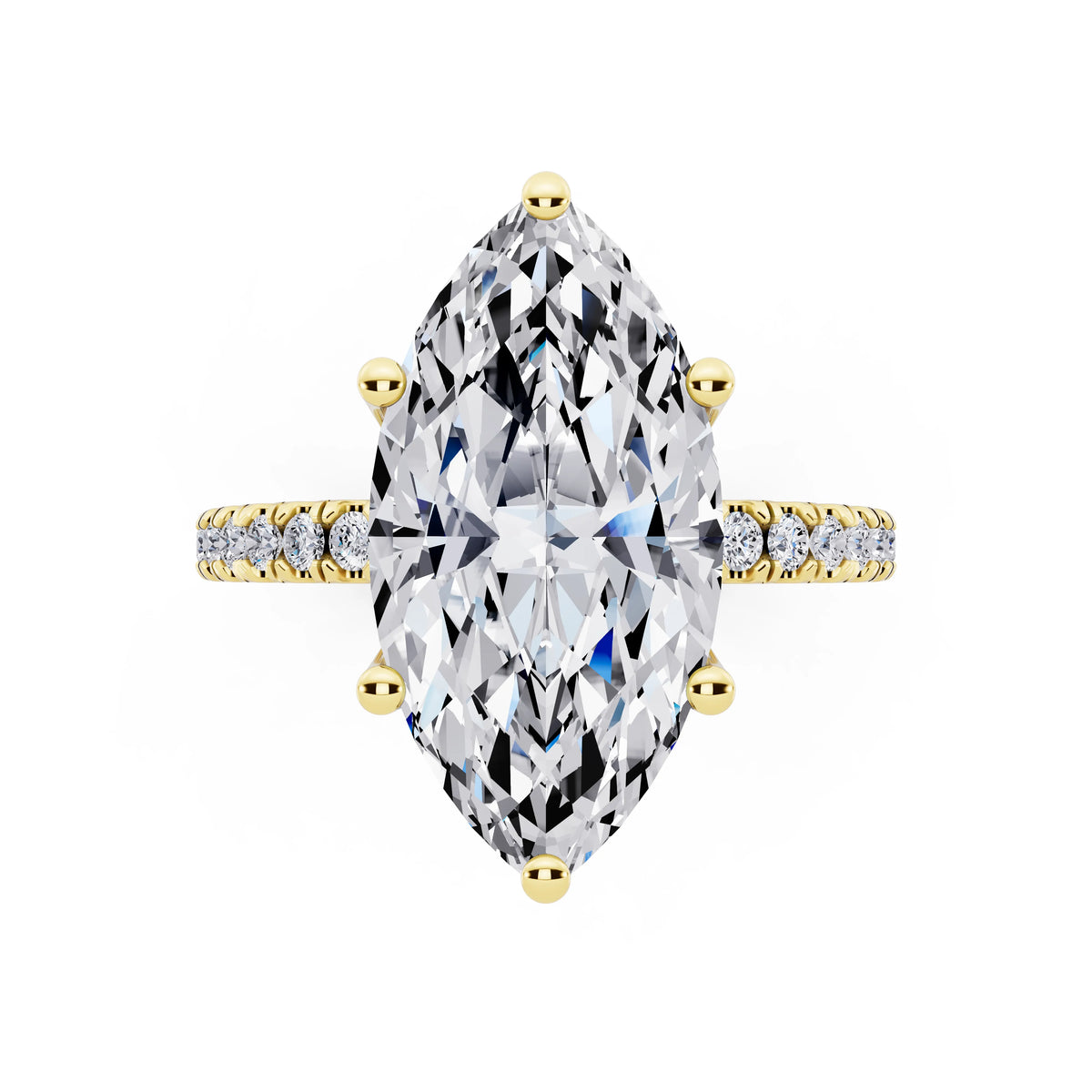 18 KT Yellow Gold Marquise Cut Diamond Solitaire Ring with Pave Eternity Band - top angle