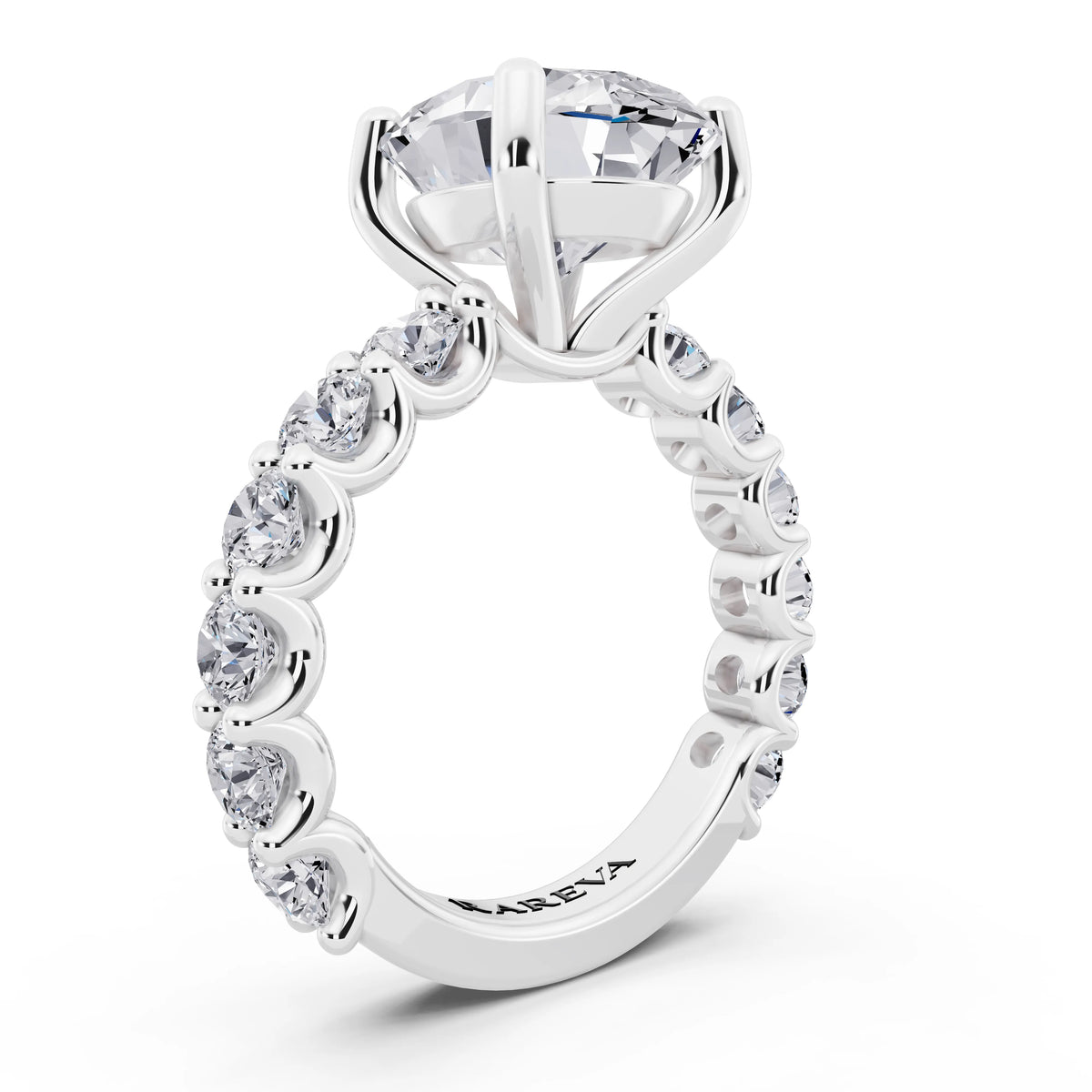 18 KT White Gold Oval Cut Diamond Ring with Shared Prong Eternity Band - top view