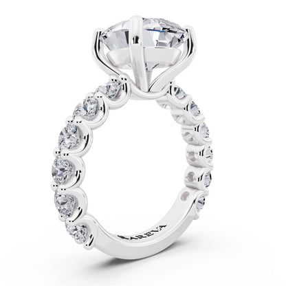 18 KT White Gold Oval Cut Diamond Ring with Shared Prong Eternity Band - top view