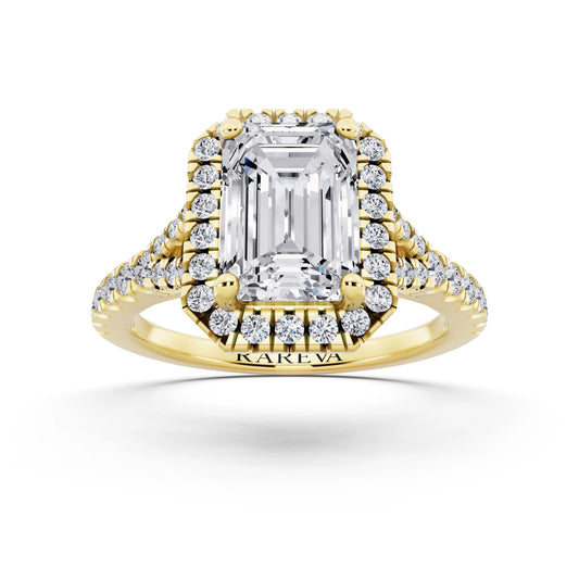 18 KT Yellow Gold Emerald Cut Diamond Halo Ring with Split Shank - front view