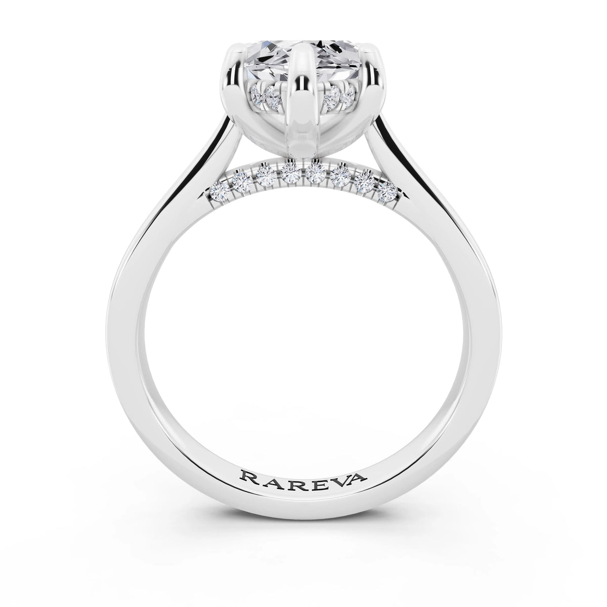 18 KT White Gold Marquise Cut Diamond Solitaire Ring with Cathedral Band - through finger