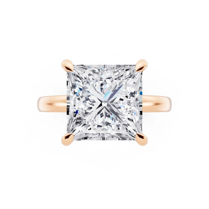 18 KT Rose Gold Princess Cut Diamond Solitaire Ring with Pave Collar - top angle