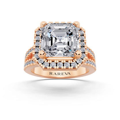 14 KT Rose Gold Asscher Cut Diamond Halo Ring with Pave Split Shank - front view