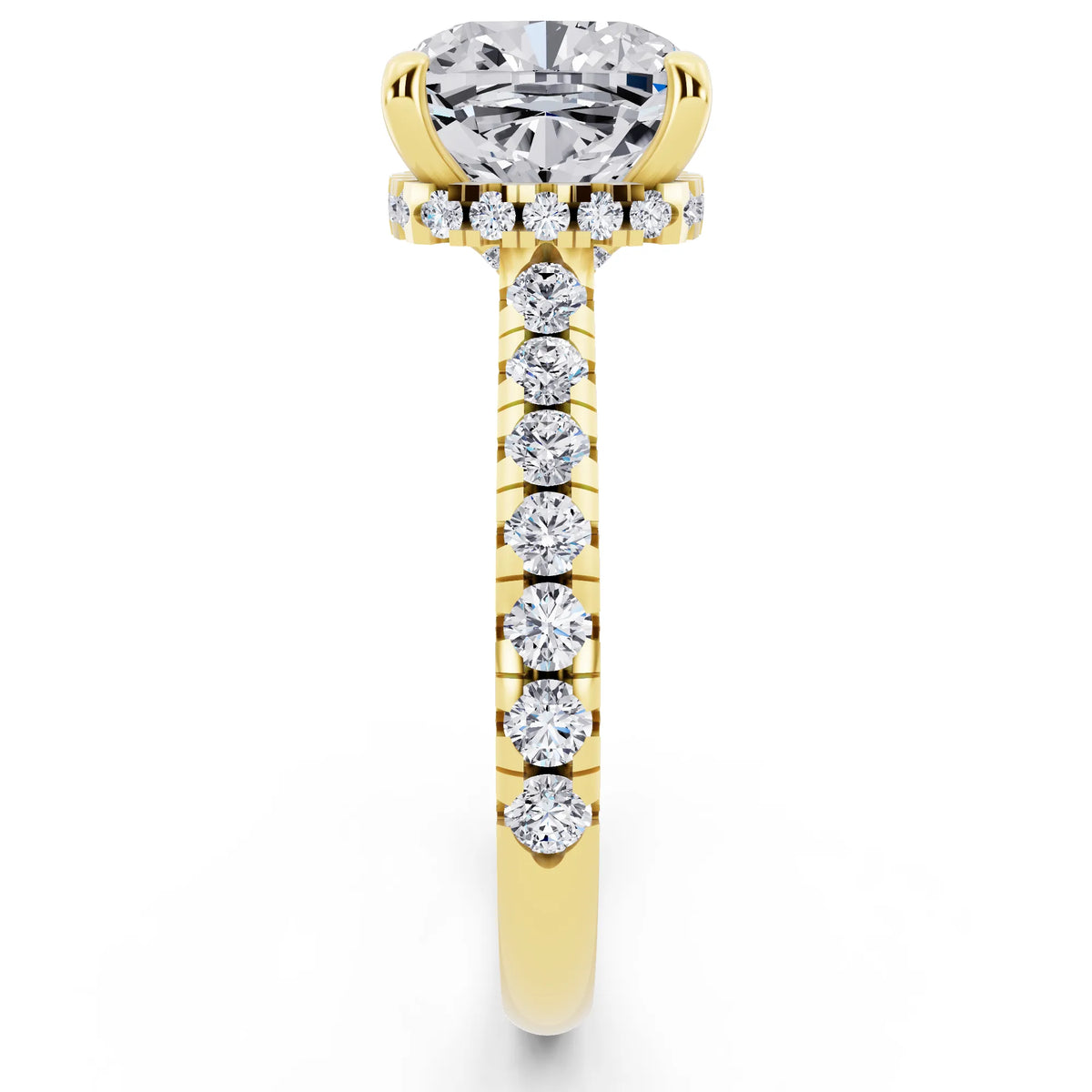 18 KT Yellow Gold Cushion Cut Diamond Ring with Hidden Halo - side view