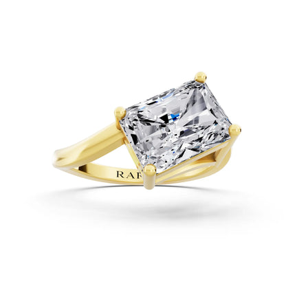 18 KT Yellow Gold Radiant Cut Diamond Solitaire Ring with Bypass Band - Front