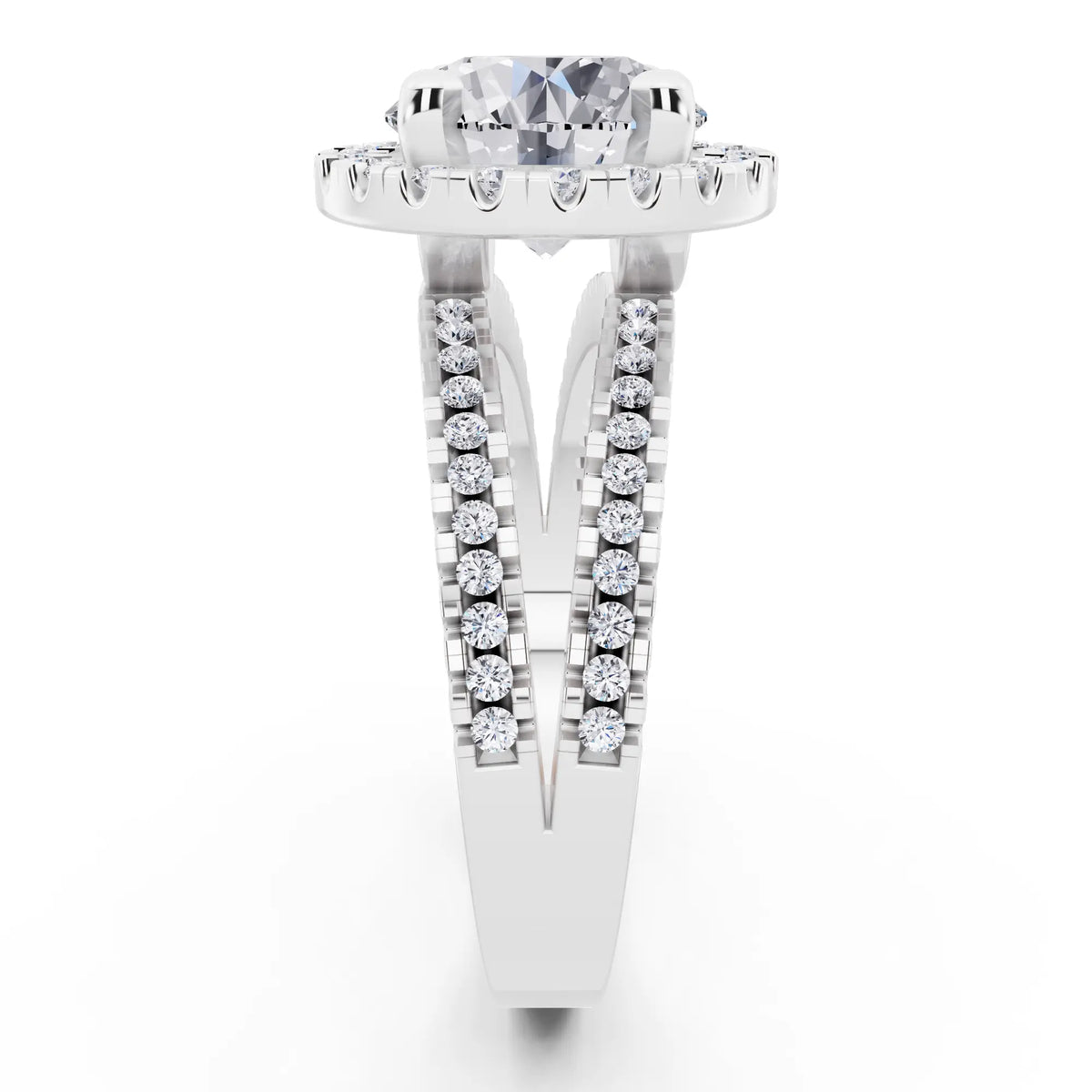 14 KT White Gold Round Cut Diamond Halo Ring with Pave Split Shank - side view