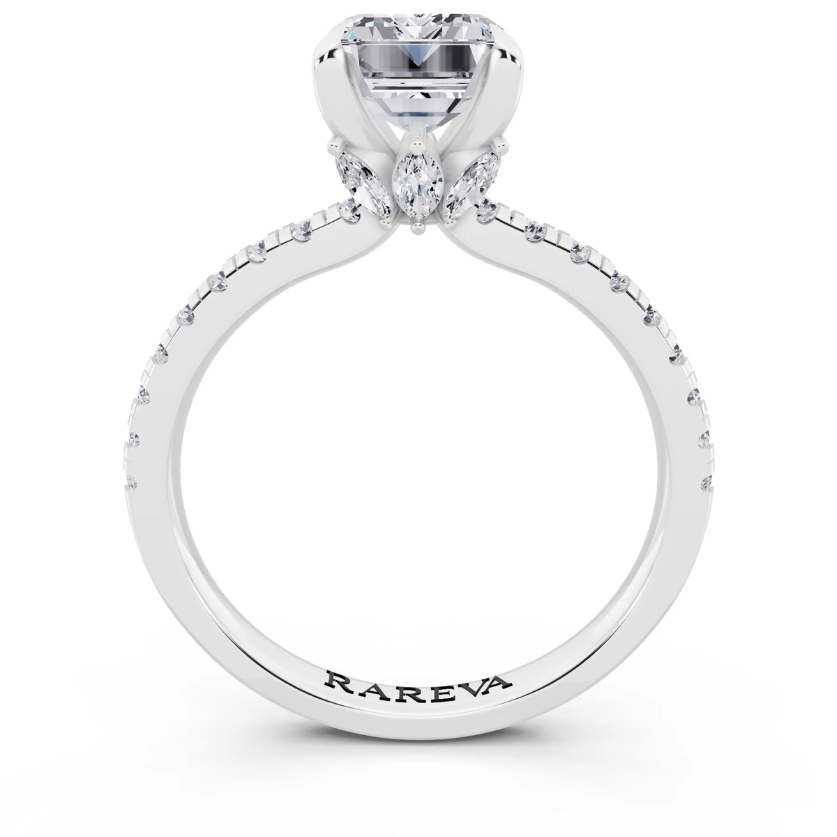 Platinum Emerald Cut Diamond Solitaire Ring with Marquise Collar - through finger