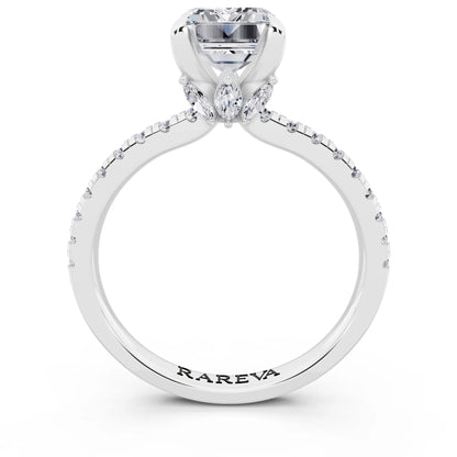 Platinum Emerald Cut Diamond Solitaire Ring with Marquise Collar - through finger