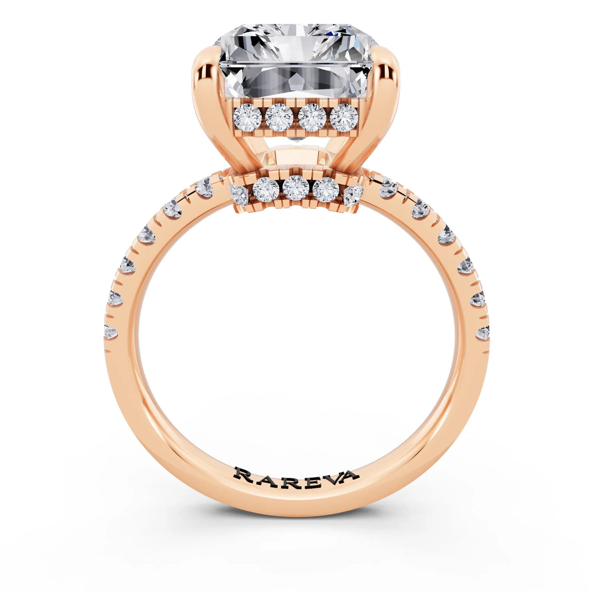 14 KT Rose Gold Radiant Cut Diamond Hidden Halo Tiger Prong Pave Band Ring - through finger