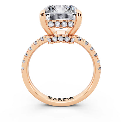 14 KT Rose Gold Radiant Cut Diamond Hidden Halo Tiger Prong Pave Band Ring - through finger