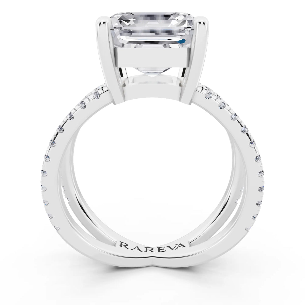 Platinum Asscher Cut Diamond Ring with Twisted Split Shank - through finger