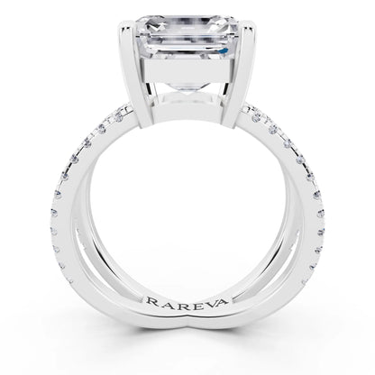Platinum Asscher Cut Diamond Ring with Twisted Split Shank - through finger