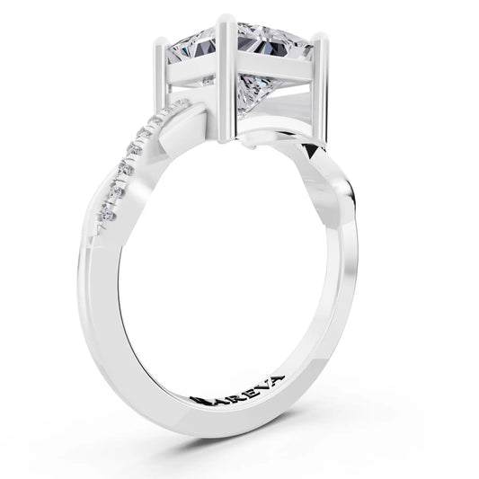 18 KT White Gold Princess Cut Diamond Solitaire Ring with Twisted Pave Band - Top view