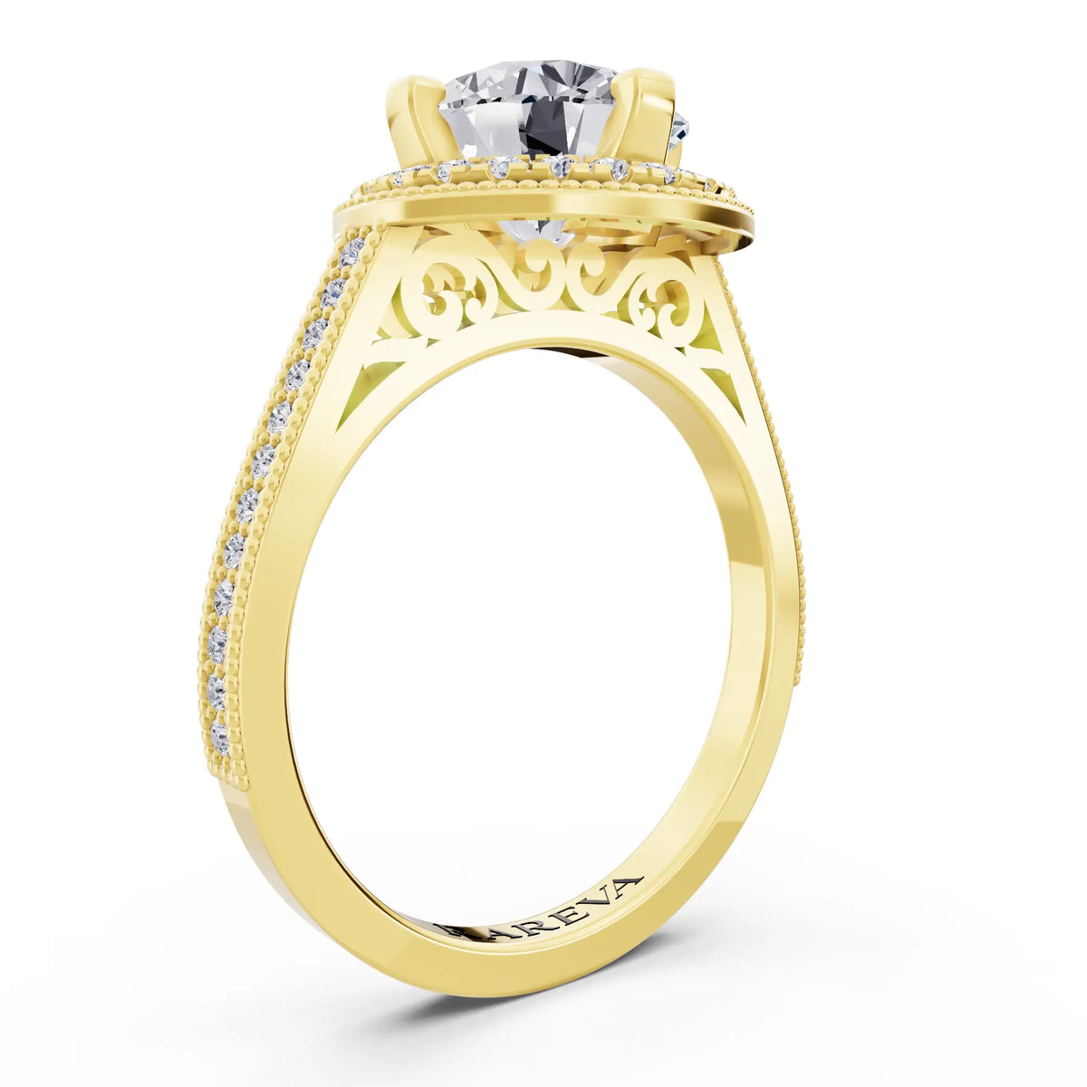 14 KT Yellow Gold Round Cut Diamond Vintage Halo Ring with Milgrain Band - Top view