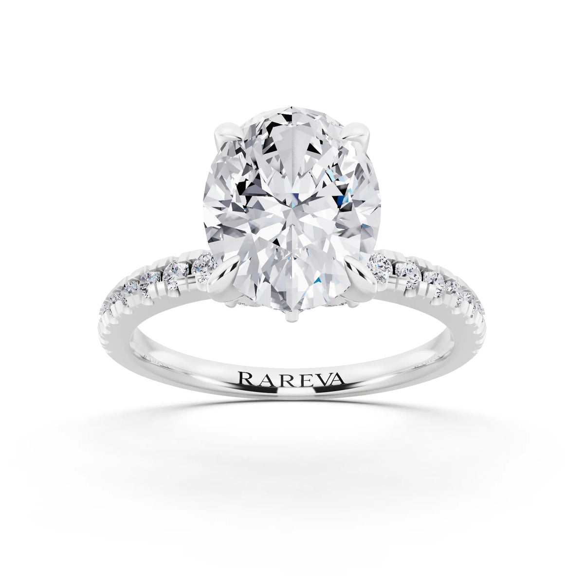 18 KT White Gold Oval Cut Diamond Solitaire Ring with Marquise Collar - front view