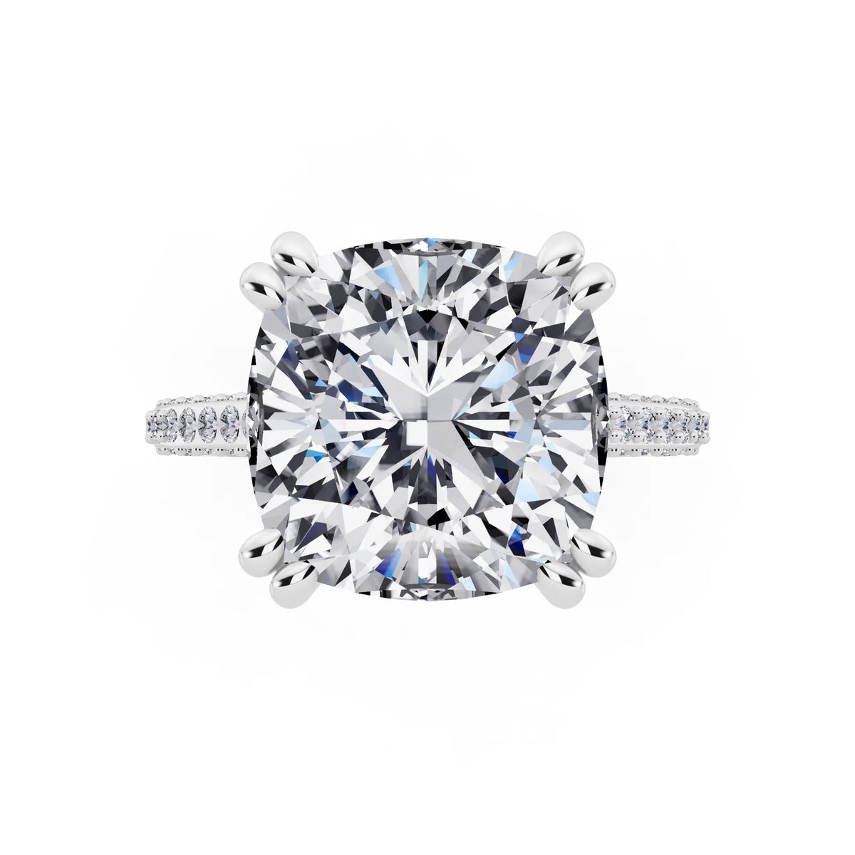 18 KT White Gold Cushion Cut Diamond Hidden Halo Double Claw Pave Band Ring - top angle