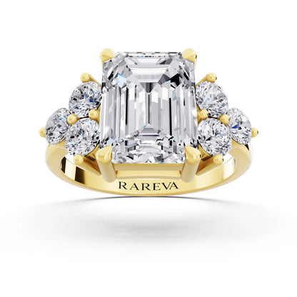 14 KT Yellow Gold Emerald Cut Diamond Cluster Ring with Round Accents - Front