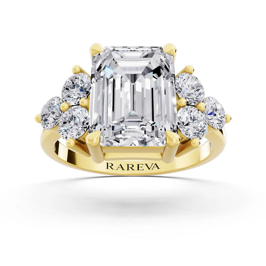 14 KT Yellow Gold Emerald Cut Diamond Cluster Ring with Round Accents - Front